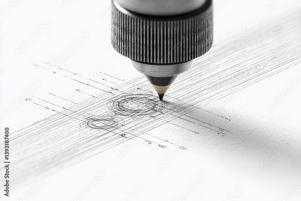 Poster detailed sketching process captures a pencil creating precise lines on paper during artistic design 
