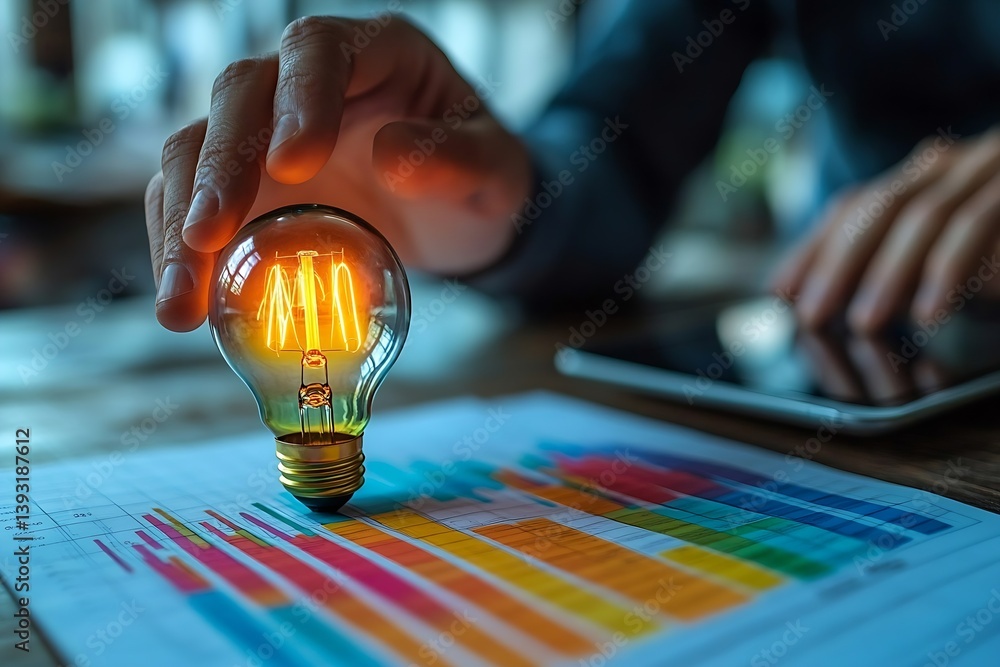 Poster innovative business idea glowing light bulb and data chart success strategy and inspiration : genera