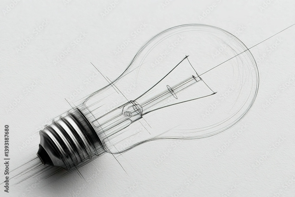 Poster sketch of a light bulb showcasing design intricacies and technical details with a minimalist style