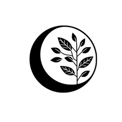 Minimalist Silhouette Logo: Moon & Foliage, Black and White, Vector