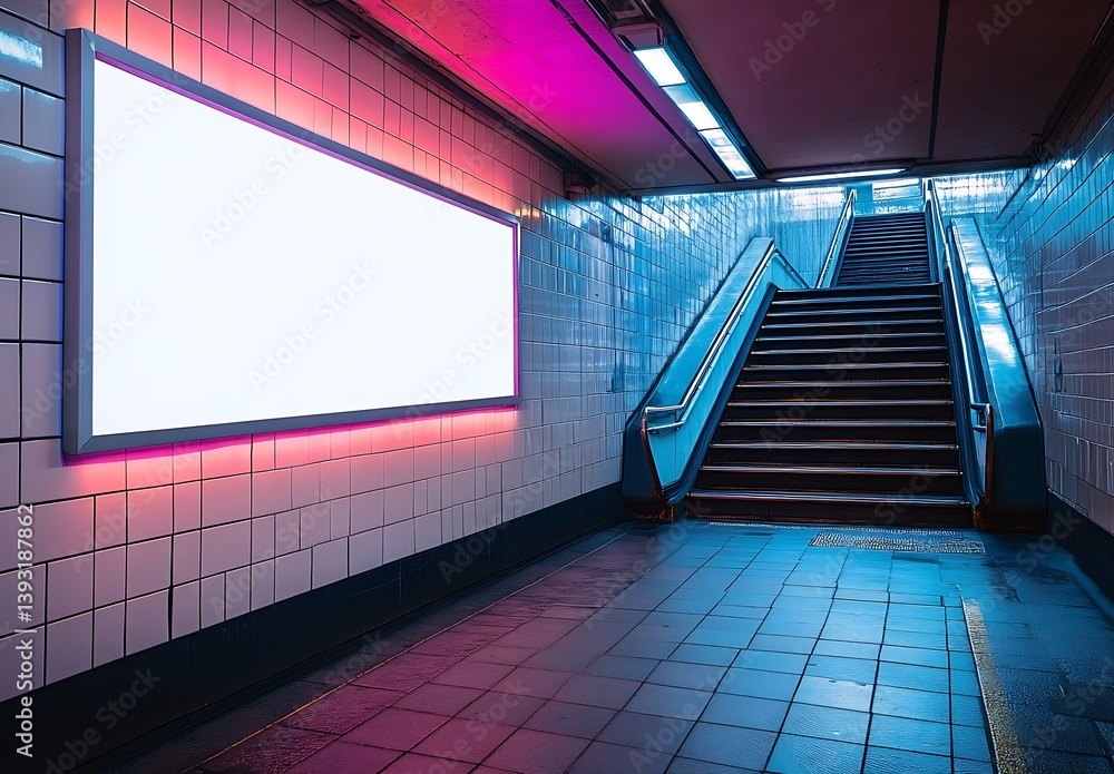 Poster Modern Subway Station Featuring a Blank Billboard with Neon Lighting and Ascending Stairs Ideal Urban Advertisement Space : Generative AI