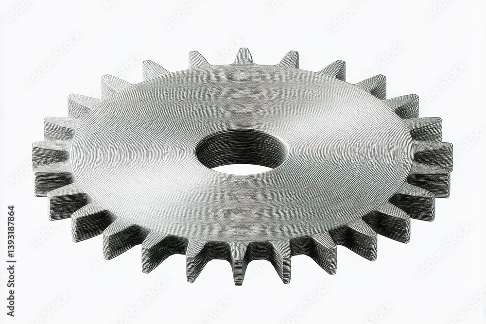 Poster detailed metallic gear with distinct teeth and central hole placed on a clean background in a worksh