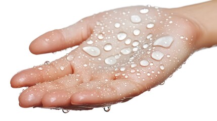Fototapeta premium Close-up of a hand covered in water droplets, showcasing the texture and translucency of the skin. The image is clean and bright against a white background.