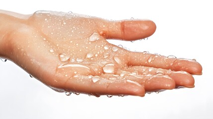 Fototapeta premium Close-up of a hand covered in water droplets, showcasing glistening skin and the texture of water beads. Perfect for beauty, skincare, or hydration concepts.