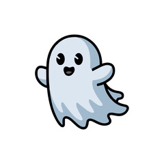 Cute cartoon ghost with a smiling face in joyful pose on white background copy space