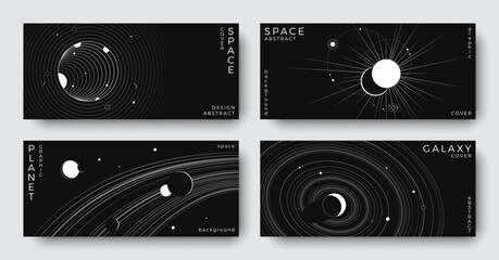 Set of abstract space horizontal backgrounds. Line art galaxy, solar system, planet, black hole. Science future concept. Astronomy minimalist design for cover, poster, layout, banner, flyer, brochure © Anastasiya Stoma