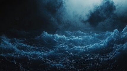 A large body of water with dark blue waves crashing against the shore. Scene is calm and serene, as the waves gently lap against the shore. The water appears to be deep and vast