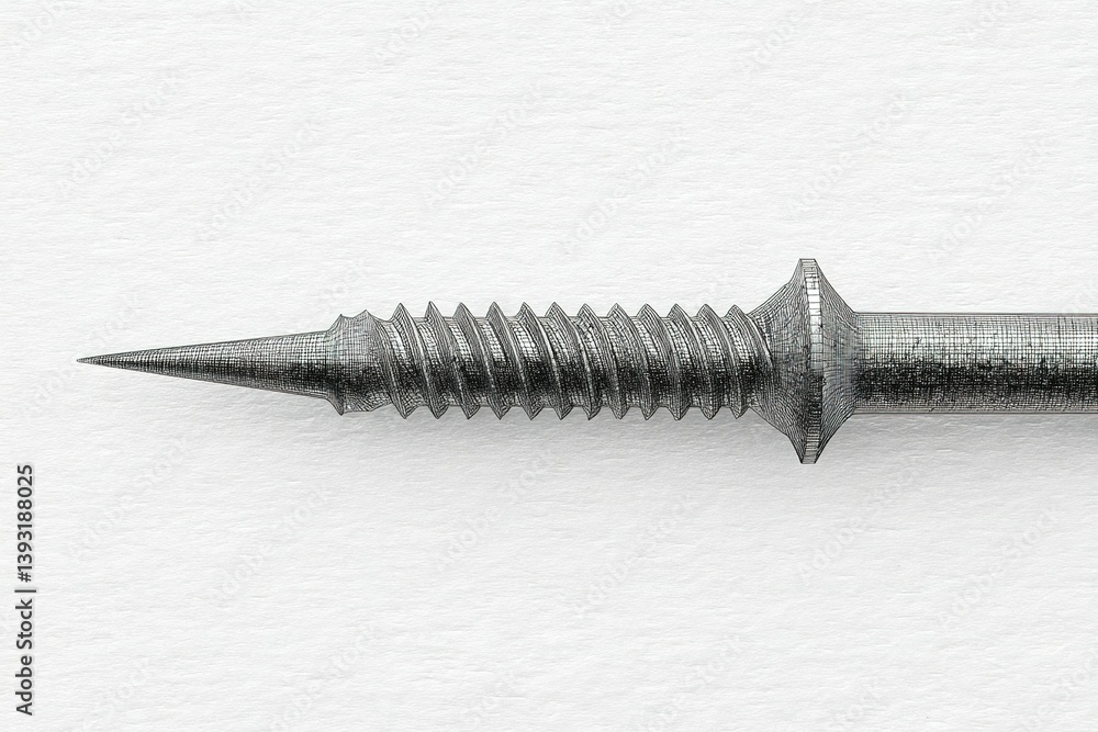 Aufkleber close-up view of a metal screw showcasing detailed threading and a sharp point against a light backg