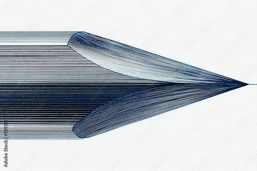 Poster close-up view of a sharpened pencil tip with intricate line design on a white background