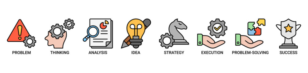 Solution icon set. Containing icon of problem, thinking, analysis, idea, strategy, execution, problem-solving and success icons. Outline color vector symbol background.
