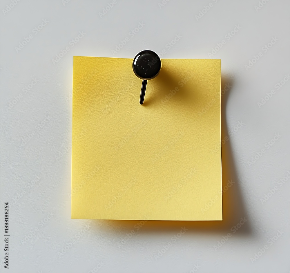 Poster Yellow Sticky Note with Black Push Pin on White Background Simple Reminder and Message Template Element : Generative AI