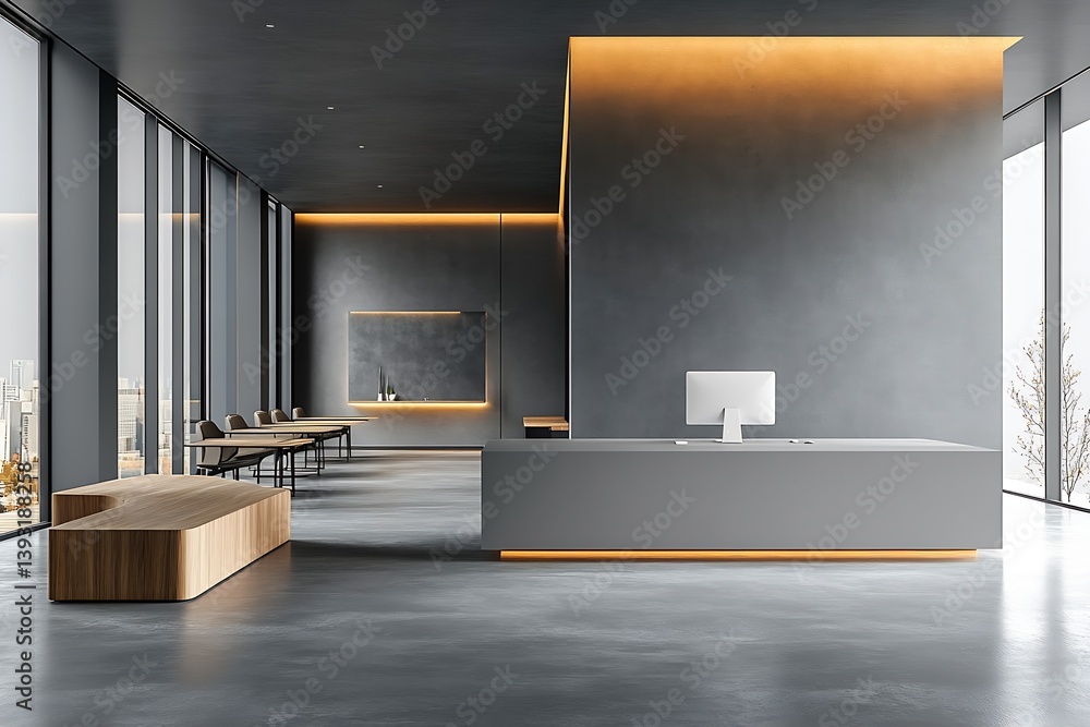 Aufkleber modern office reception area with minimalist design concrete floor and large windows business interi