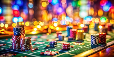 Obraz premium TiltShift Miniature Casino Dice Chips and Cards in a Detailed Immersive MicroWorld
