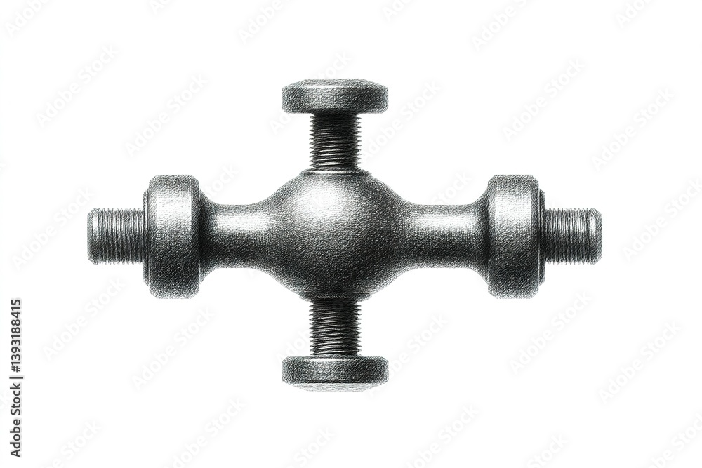 Poster unique metal cross joint component displayed on a white background for engineering and design applic