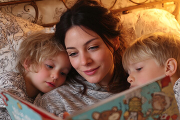 A mother reading a book to her children before bedtime