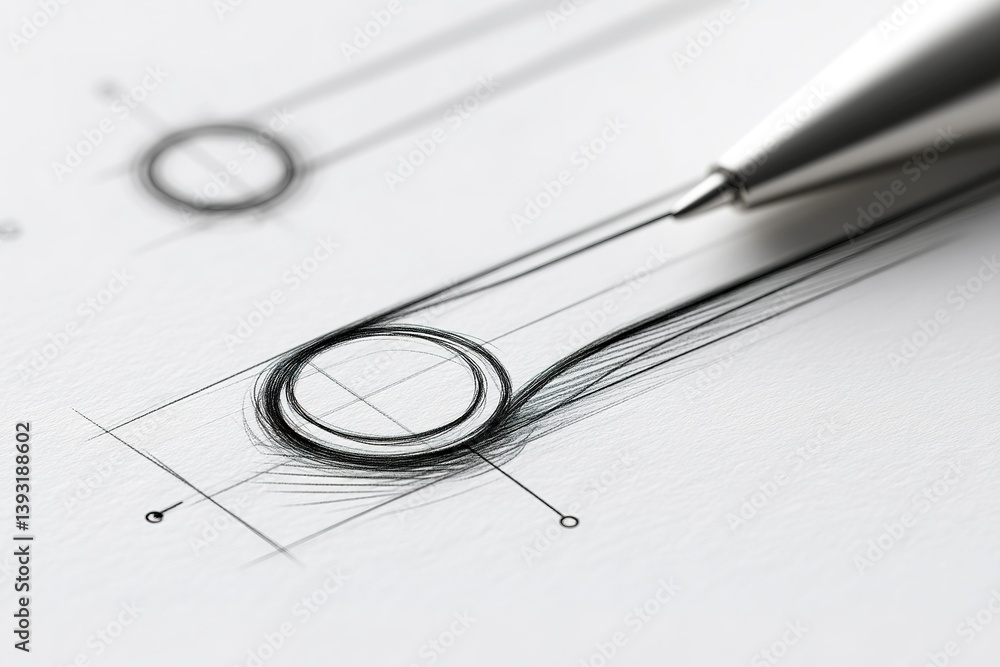 Poster sketching a precise line drawing of a circular design using a fine point pen on white paper