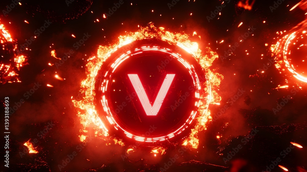 Poster fiery, circular emblem with a glowing neon 'v' at its center. surrounded by intense flames and spark