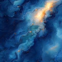 Abstract Space Nebula in Blue with Golden Highlights High Resolution Picture