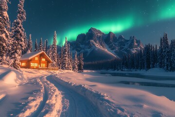 A cozy cabin under the enchanting display of northern lights