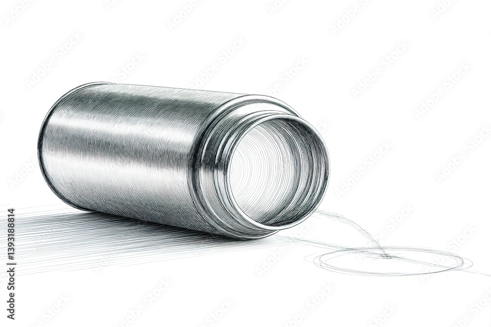 Poster spilled metal container with fluid flowing out in a minimalistic artistic representation