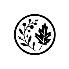 Minimalist Autumn Emblem: Leaf & Berries, Black on White, Simple Design