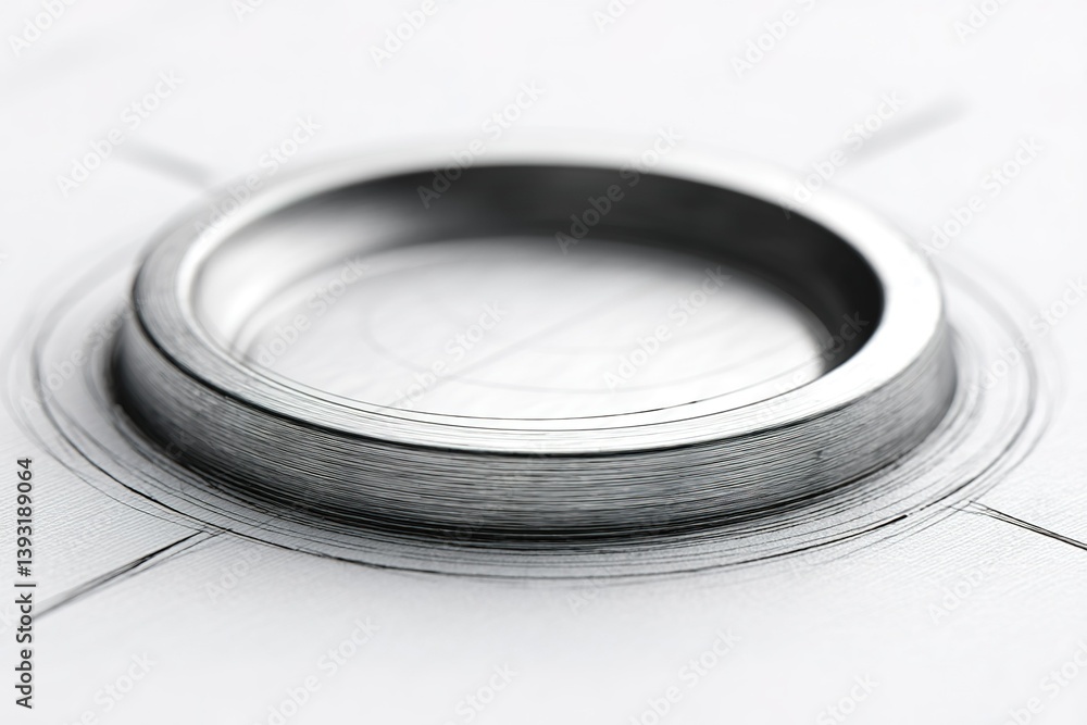 Poster close-up of a metal ring resting on a sketched circular design in a workspace