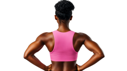 Strong woman flexing her muscular arms in pink top, cut out transparent