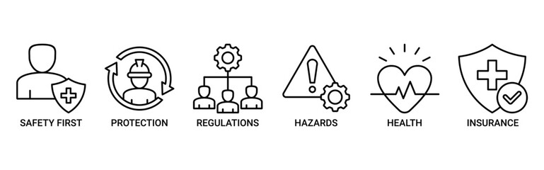 Work safety icon set. Containing icon of safety first, protection, regulations, hazards, health, and insurance icons. Outline vector symbol background. 