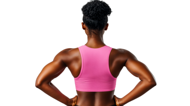 Strong woman flexing her muscular arms in pink top, cut out transparent