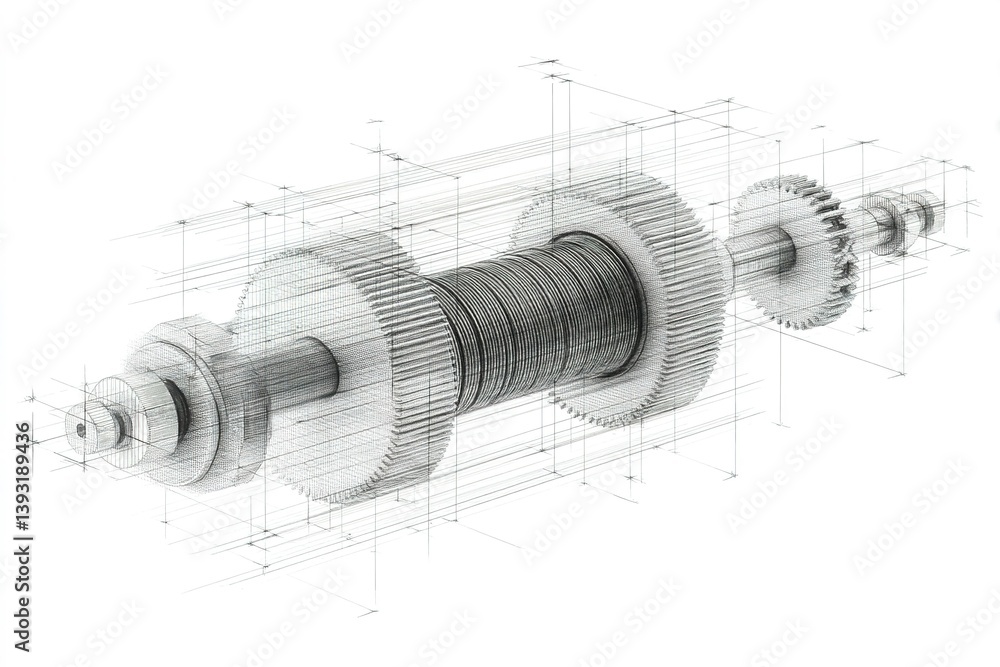 Poster detailed mechanical design of a gear system illustrated with precise measurements and components in 