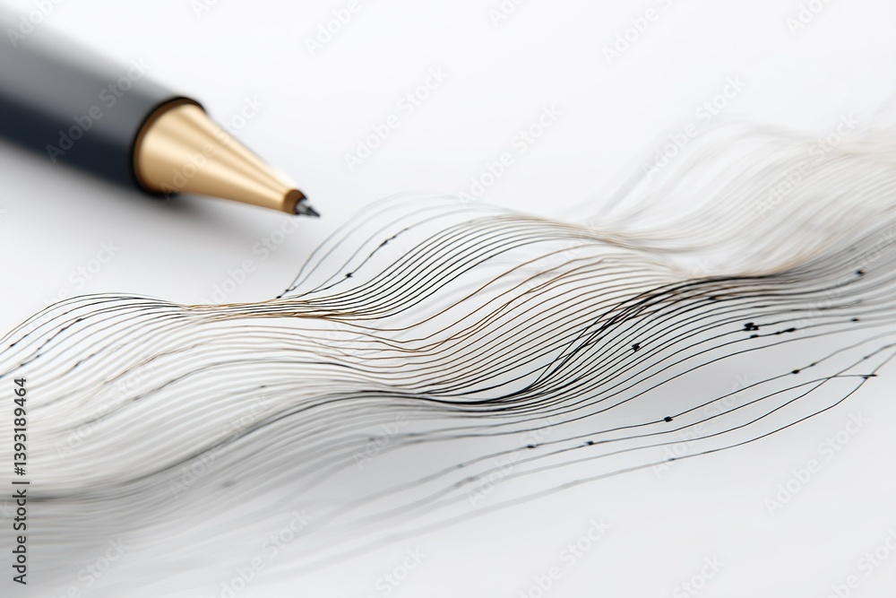 Poster elegant black lines flow from a pen creating intricate patterns on white paper during a creative ses