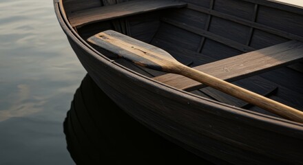 Serene Rowboat on Calm Water - A wooden rowboat rests peacefully on still water, a single oar resting inside. Tranquil scene evokes peace and reflection