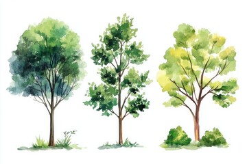 Watercolor painting of three trees with green foliage on a white background in an artistic style