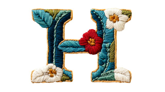 Letter H embroidery with floral accents, detailed craftwork, cut out transparent