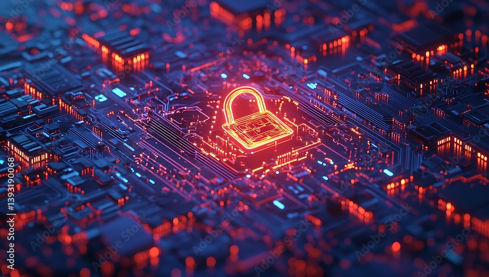 Poster digital fortress: intricate circuit board illuminated by a glowing padlock, symbolizing cybersecurit