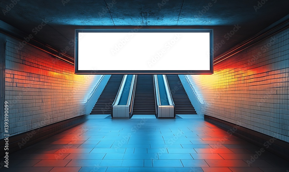 Aufkleber Blank Billboard Mockup in Subway Station with Escalators for Advertisement Display and Urban Setting : Generative AI