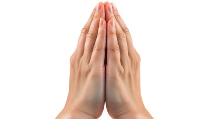Close-up of two hands pressed together in a prayer or supplication gesture, isolated on a white background.  The image is clean and simple, ideal for spiritual or religious contexts.