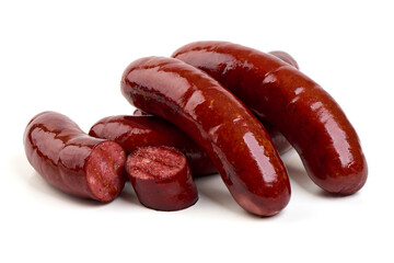Traditional smoked blood sausages, isolated on white background