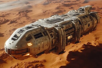 A large futuristic spaceship flies over a red desolate alien landscape