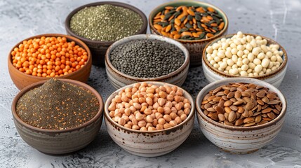 Assorted grains and nuts in bowls, a variety of natural foods