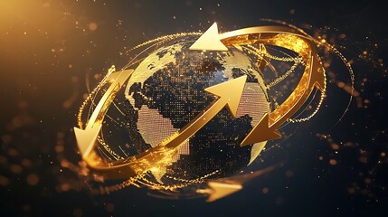 A conceptual image golden arrows intertwining around a digital globe, symbolizing global financial growth