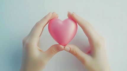 Fototapeta premium Two delicate hands gently cradle a light pink heart. The soft lighting and muted background emphasize the gentle nature of the image, suggesting themes of love, care, and tenderness.