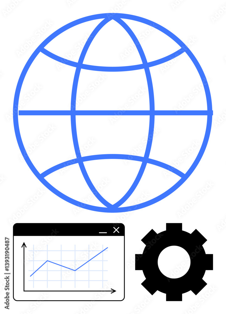 Poster globe outline symbolizing networking, graph window for analytics, and gear for operations. ideal for