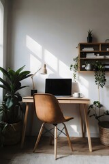 Fototapeta premium A desk with a laptop, a chair, a potted plant, and a coffee mug