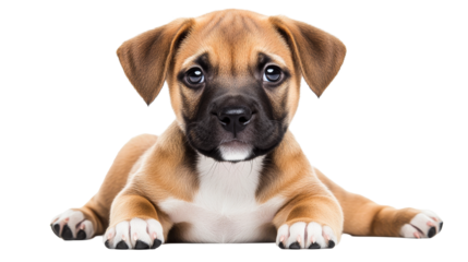 Adorable puppy with sad eyes resting and looking forward, cut out transparent