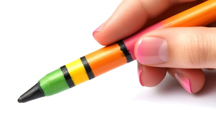 Close-up of a hand holding a colorful crayon. The crayon is multi-colored with black stripes, and the hand has pink nails. The image is set against a white background.