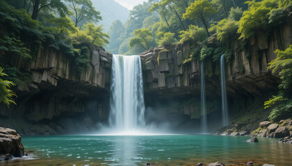 Naklejka premium Majestic Waterfall Flowing Over Rock Cliffs in a Lush Green Forest