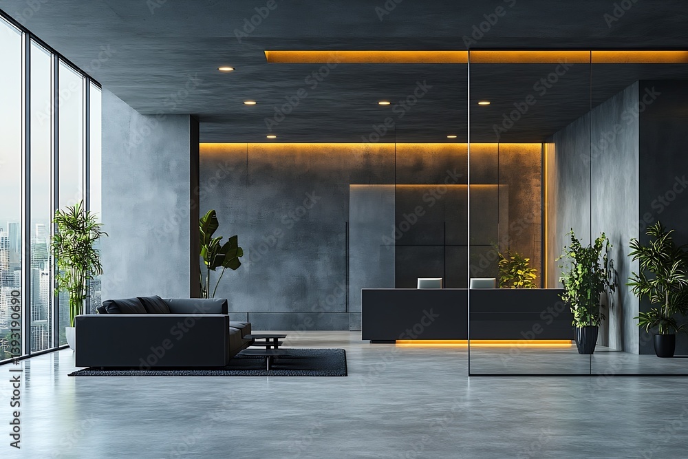Poster Modern Minimalist Office Reception Area With Stylish Lighting and Open Layout for Professional Corporate Environments : Generative AI