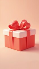 Obraz premium Coral pink gift box with a bow on peach background.
