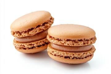 Delicious Brown Macarons with Chocolate Filling on White Background Isolated